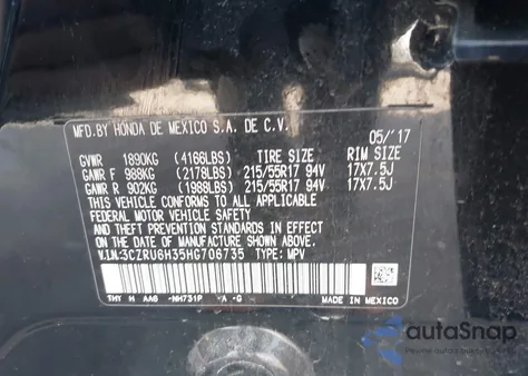 2017 Honda Hr-V Lx from USA, damaged, VIN 3CZRU6H35HG706735